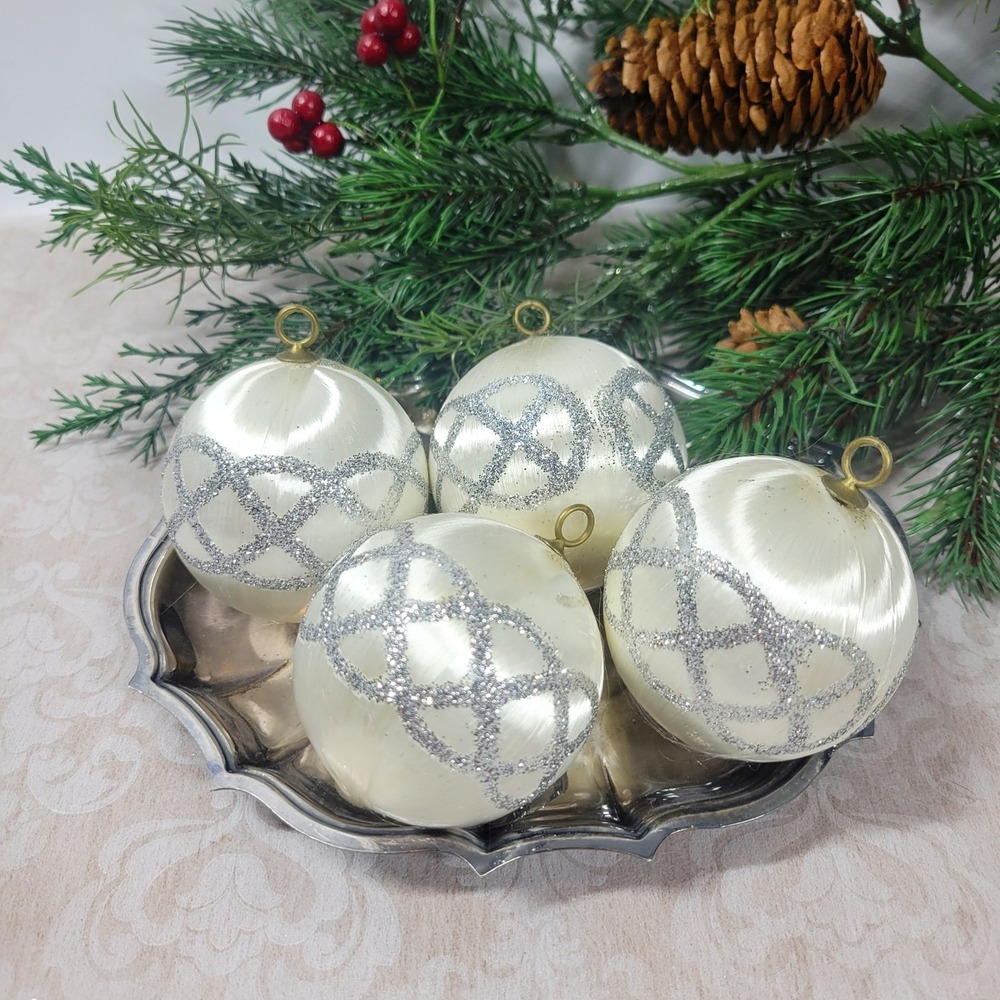 Vintage Satin Sheen White Christmas Ornaments Lot Of 4 Silver Mica Glitter
